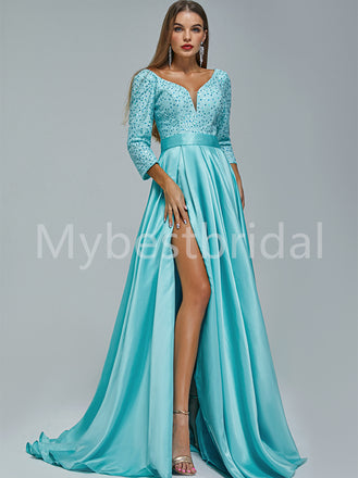 Sexy V-neck Long sleeves Side slit A-line Prom Dresses,PDS0518