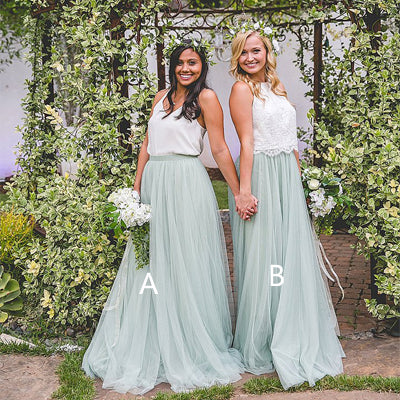 A-Line Two Piece White Lace Green Tulle Bridesmaid Dress,Cheap Bridesmaid Dresses,WGY0205