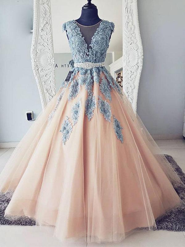 V-neck Blue Lace Ball Gown Long Evening Prom Dresses,Cheap Prom Dresses,PDY0500