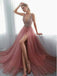 V-neck Beaded Pink Tulle Long Prom Dresses ,Cheap Prom Dresses,PDY0440