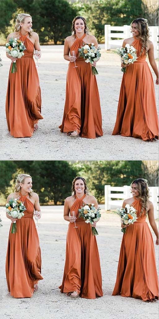 A-Line Halter Backless Floor-Length Orange Bridesmaid Dress,Cheap Bridesmaid Dresses,WGY0341