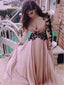 V-Neck Long Sleeve Pink Lace Evening Dresses ,Cheap Prom Dresses,PDY0582