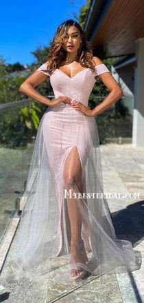 Charming Off-shoulder Mermaid Tulle Side Slit Long Prom Dresses Online, PDS0202