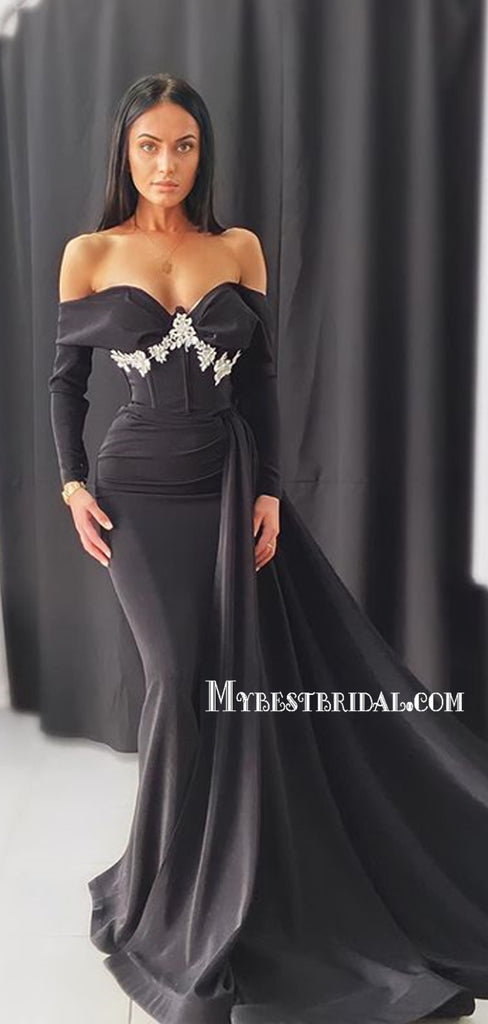 Elegant Sweetheart Mermaid Side Slit Black Long Prom Dresses, PDS0188