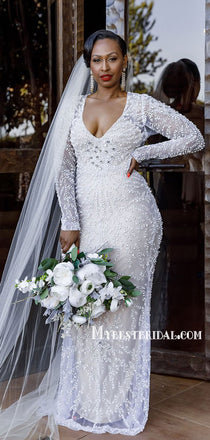 New Arrival Mermaid Long Sleeve V-neck Cheap Long Wedding Dresses, WDS0066