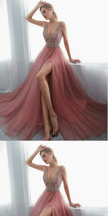 V-neck Beaded Pink Tulle Long Prom Dresses ,Cheap Prom Dresses,PDY0440