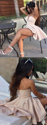 Sexy V-neck Spaghetti Straps A-Line Satin Short Homecoming Dresses ,BDY0275