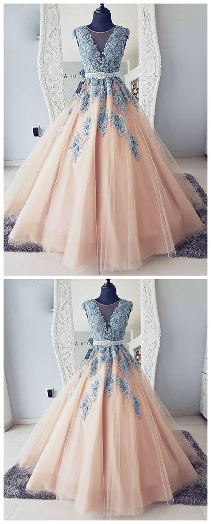 V-neck Blue Lace Ball Gown Long Evening Prom Dresses,Cheap Prom Dresses,PDY0500
