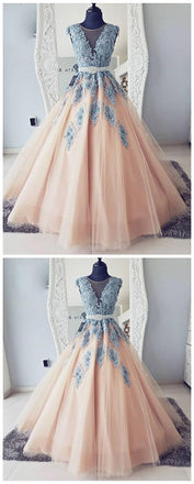 V-neck Blue Lace Ball Gown Long Evening Prom Dresses,Cheap Prom Dresses,PDY0500