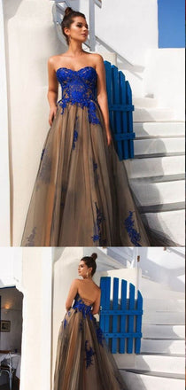 Sweetheart A-line Long Black Royal Blue Prom Dresses,Cheap Prom Dresses,PDY0522