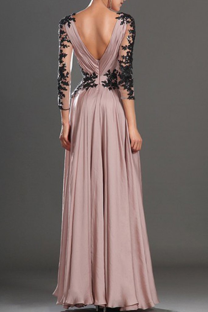 V-Neck Long Sleeve Pink Lace Evening Dresses ,Cheap Prom Dresses,PDY0582