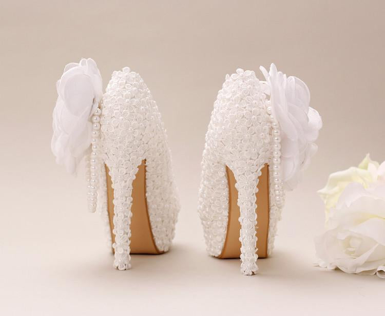 Pointed Toe Lace Pearls Wedding Shoes With Handmade Flowers, SY0127
