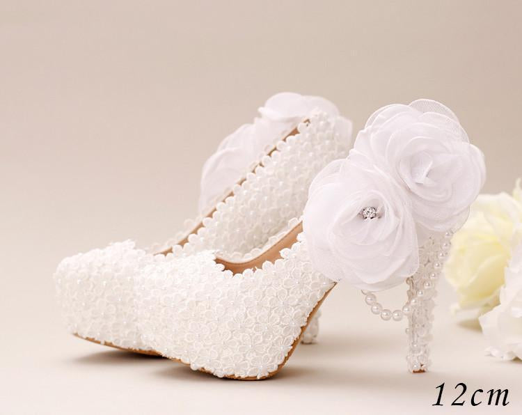 Pointed Toe Lace Pearls Wedding Shoes With Handmade Flowers, SY0127