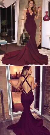 Mermaid V-Neck Criss-Cross Back Burgundy Prom Dress ,Cheap Prom Dresses,PDY0402