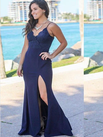 Spaghetti Straps Navy Blue Lace Prom Dresses,Cheap Prom Dresses,PDY0467