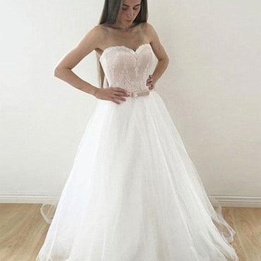 Simple A_Line Strapless White Tulle  Lace Wedding Party Dresses With Belt, WDY0152