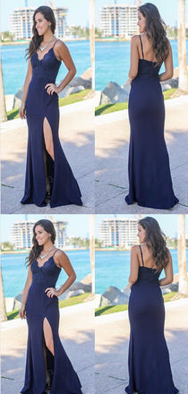 Spaghetti Straps Navy Blue Lace Prom Dresses,Cheap Prom Dresses,PDY0467