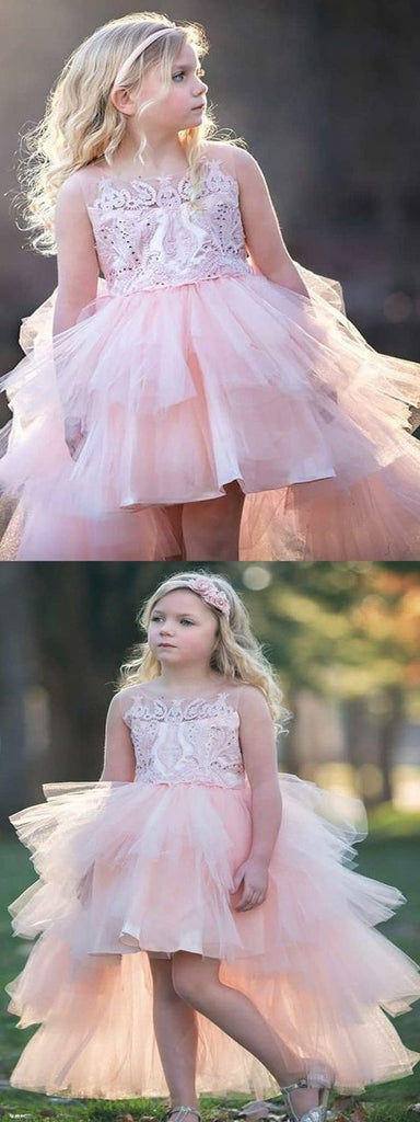 A-Line Round Neck Hi-lo Pink Tulle Flower Girl Dress With Appliques,Cheap Flower Girl Dresses,FGY0191