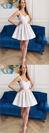 A-Line Straps Short Ivory Satin Homecoming Dress,Short Prom Dresses,BDY0336