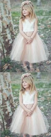 A-Line Bateau Tea-Length Blush Tulle Flower Girl Dress,Cheap Flower Girl Dresses ,FGY0224