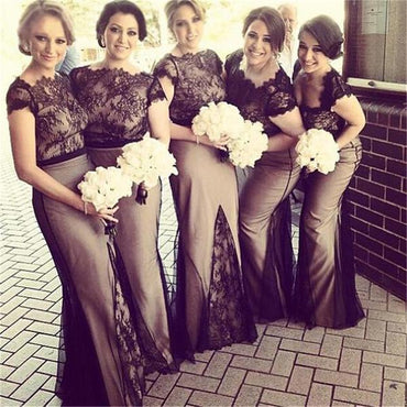 Mismatched Black Lace Top Long Sheath Tulle Bridesmaid Prom Dresses, BG0305