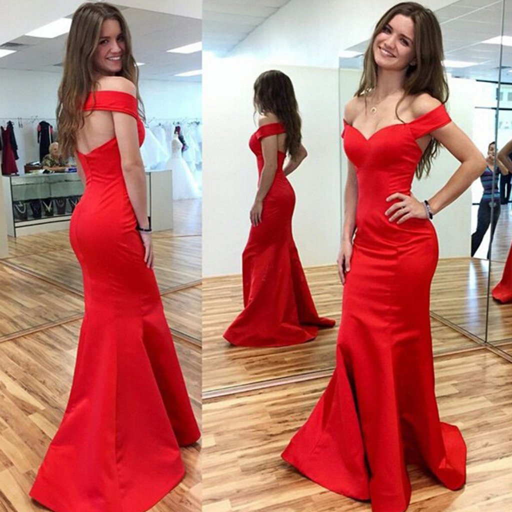 Off Shoulder Red Satin Long Mermaid Sexy Unique Design Long Prom Dresses, BG0307