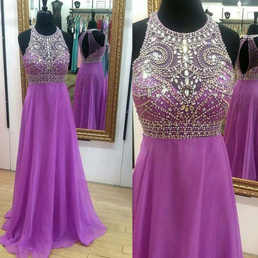 Round Neck Open Back Rhinestone Top Beaded Long A-line Purple Chiffon Prom Dresses, BG0308