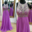 Round Neck Open Back Rhinestone Top Beaded Long A-line Purple Chiffon Prom Dresses, BG0308