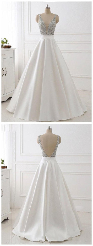 A-line V-neck Beaded White Satin Prom Dresses ,Cheap Prom Dresses,PDY0425