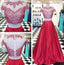 Round Neck Red Beaded Two Pieces Long A-line Satin Prom Dresses, BG0309