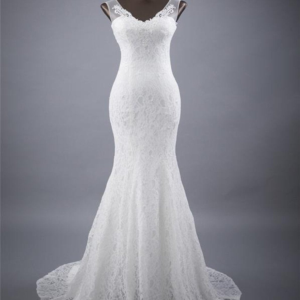 Elegant V-neck Lace Mermaid Wedding Party Dresses, Vantage Bridal Gown, WDY0135