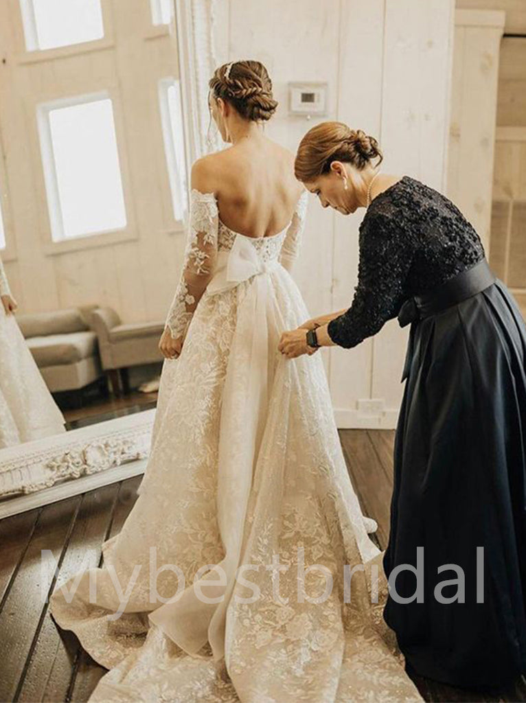 Elegant Off shoulder Long sleeves A-line Lace applique Wedding Dresses, WDY0305