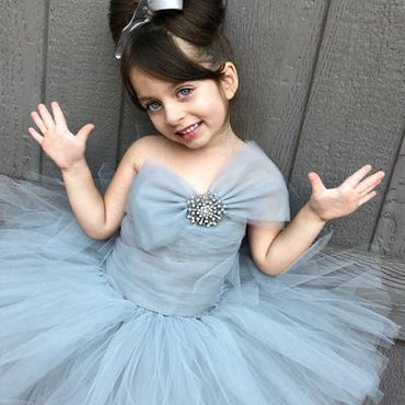 Strapless Grey Tulle Flower Girl Dress with Bowknot ,Cheap Flower Girl Dresses ,FGY0225