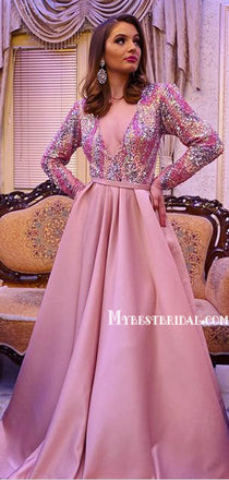 Charming Deep V-neck A-line Sequin Satin Long Prom Dresses, PDS0146