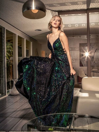 Sexy Deep V-neck Green Sequin Prom Dresses,Cheap Prom Dresses,PDY0649