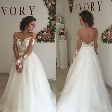 Sweetheart Open Back Sexy A-line White Tulle Lace Long Wedding Party Dresses, WDY0139