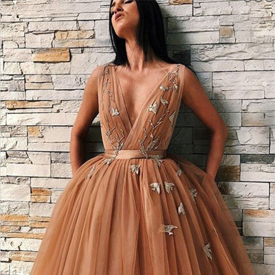A-Line V-Neck Backless Gold Tulle Homecoming Dress with Appliques,Short Prom Dresses ,PDY0120