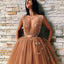 A-Line V-Neck Backless Gold Tulle Homecoming Dress with Appliques,Short Prom Dresses ,PDY0120
