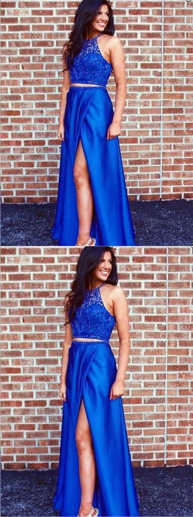 Two Piece Split Royal Blue Lace Prom Dress With Beading,Cheap Prom Dresses ,PDY0367