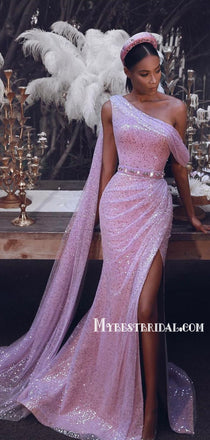 Gogerous One Shoulder Sparkly Pink Sequin Formal Evening Prom Dresses, BG0347