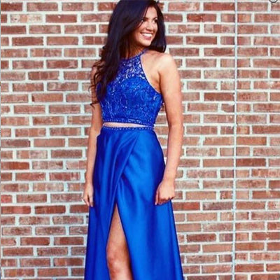 Two Piece Split Royal Blue Lace Prom Dress With Beading,Cheap Prom Dresses ,PDY0367