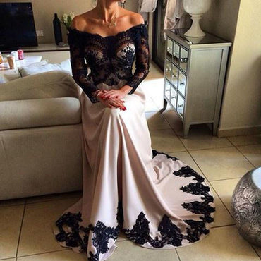 Off Shoulder Black Lace Top Long Sleeve Sheer Long A-line Prom Dresses, BG0310