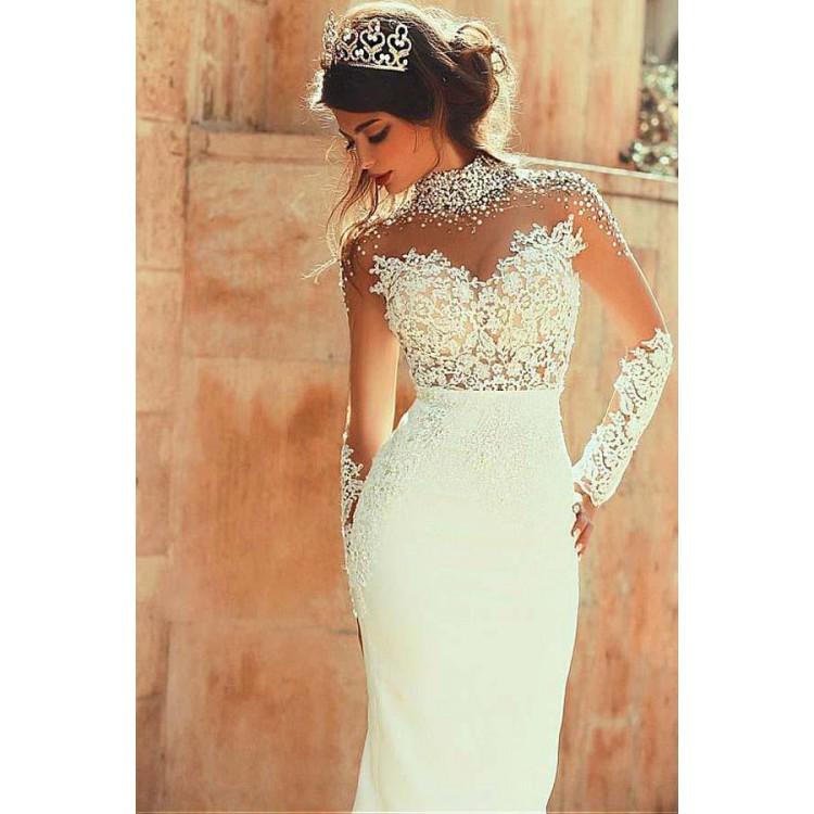 High Neckline Sheath Wedding Dresses With Beaded Lace Appliques, Dresses For Wedding Party ,WDY0162