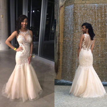 Ivory Lace Beaded Long Mermaid Scoop Neckline Sheer Tulle Prom Dresses, BG0314