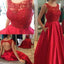 Round Neck Red Lace Satin Beaded Long A-line Open Back Prom Dresses, BG0316