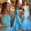 Two Pieces Blue Lace Top Beaded Long Mermaid Jersey Prom Dresses, BG0318
