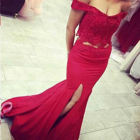 Off Shoulder Red Lace Two Pieces Sexy Mermaid Side Slit Prom Dresses, BG0319