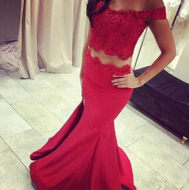Off Shoulder Red Lace Two Pieces Sexy Mermaid Side Slit Prom Dresses, BG0319