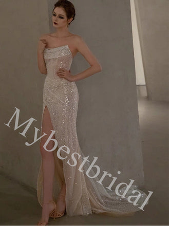 Sexy Strapless Sleeveless Side slit Sheath Long Prom Dress,PDS1060