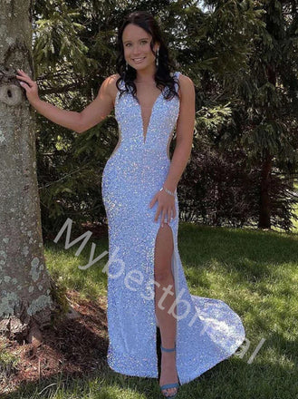 Sexy V-neck Sleeveless Side slit Mermaid Prom Dresses,PDS0738